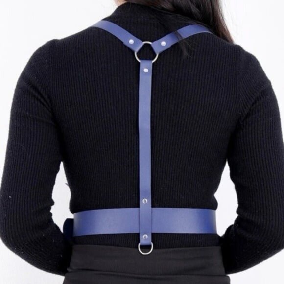 Blue PU Leather Suspender Belt W/ Hole Punch - Picture 3 of 6